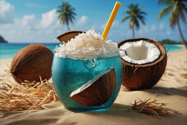 Foto cena de refresco de coco na praia