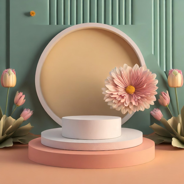 cena de renderização 3D com pódio e flor fundo abstrato forma geométrica em cores pastel