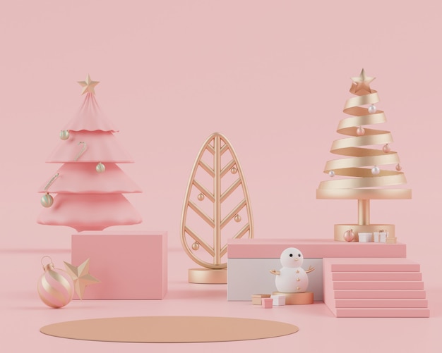 Cena de renderização em 3D do feriado de Natal com pódio ou pedestal de displays para mock up