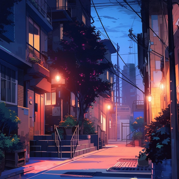 cena de rua da cidade de anime com uma luz de rua e uma árvore generativa ai