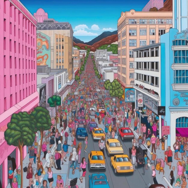Cena de rua dos desenhos animados com muitos carros e ilustração de pessoas
