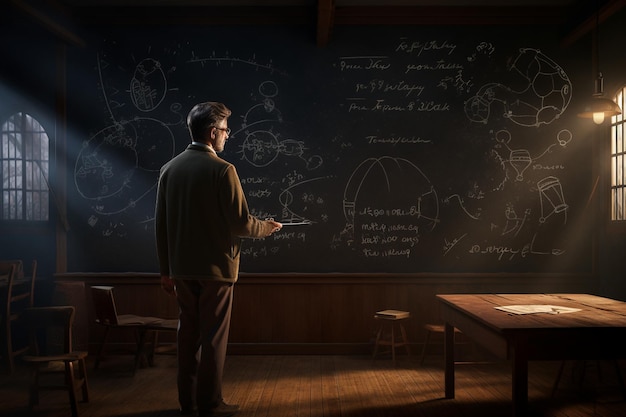 Foto cena de sala de aula com um professor escrevendo em um ai generativo