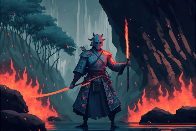 Cena de samurai com espada de fogo em pé na ilustração de estilo de arte digital de rocha pintura conceito de fantasia de um samurai com a espada