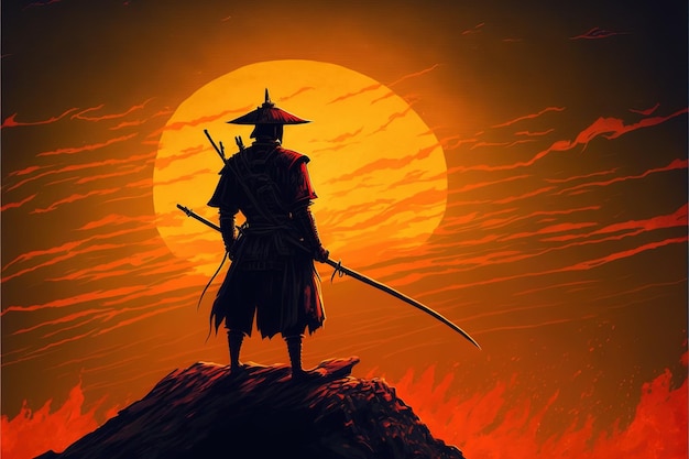 Cena de samurai com espada de fogo em pé na ilustração de estilo de arte digital de rocha pintura conceito de fantasia de um samurai com a espada