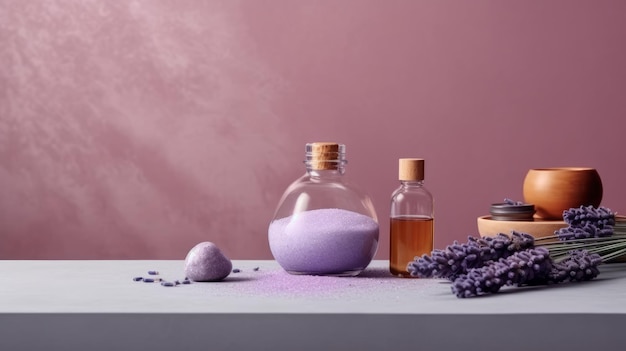 Cena de spa contemporânea com sal de banho de lavanda e óleo de massagem gerado por IA