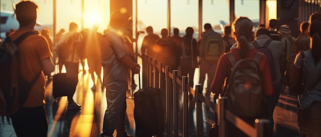 Cena de um aeroporto movimentado com silhuetas de viajantes contra um pôr-do-sol que retrata trânsito e viagens