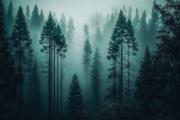 Cena de uma floresta densa tirada verticalmente em meio à neblina