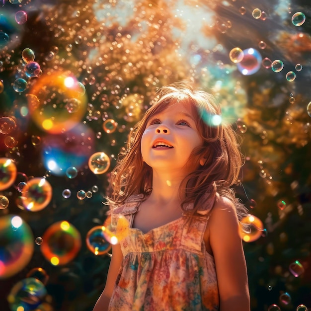 Cena de uma menina bonita no meio de uma bolha de ar de água colorida e ensolarada