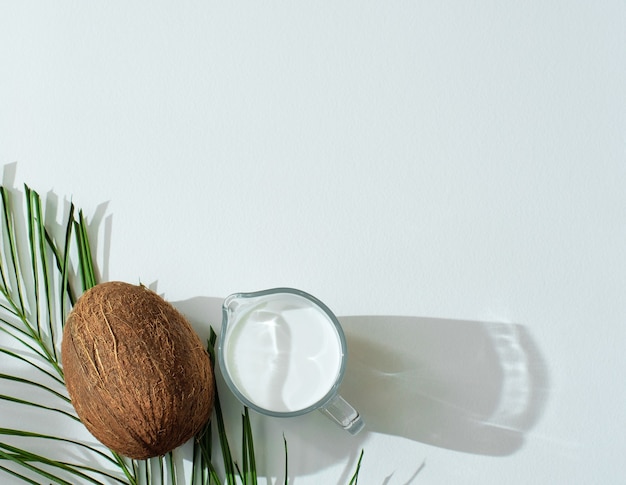 Cena de verão com folha de palmeira, coco e leite de coco orgânico vegan em jarra de vidro. conceito de alimentação saudável. posição plana mínima com espaço de cópia.