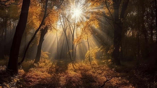 Cena desorientadora de uma floresta de coleta de tempo com raios solares entrando pelos galhos gerados por IA