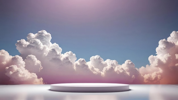 Foto cena diurna com uma plataforma violeta vazia, iluminação volumétrica suave colocada em frente a nuvens redondas