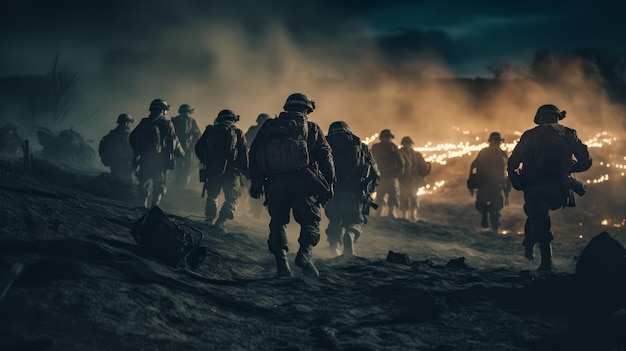 Cena do campo de batalha de guerra com soldados indo para a guerra com explosões