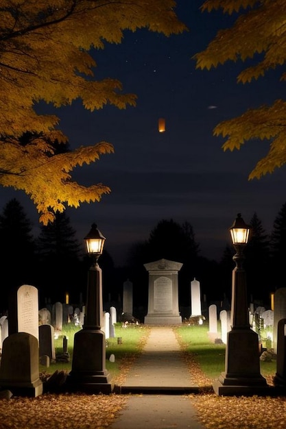 cena do cemitério da noite assustadora de Halloween com morcegos e fundo de lua