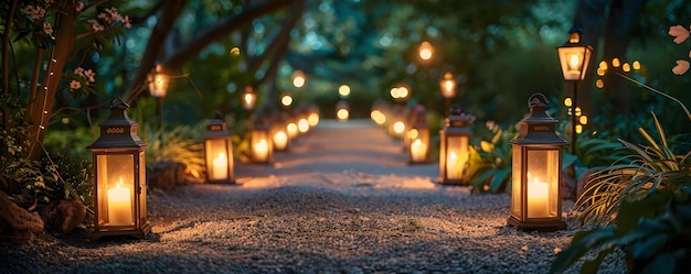 Cena do crepúsculo com lanternas e decorações de Páscoa ao longo de um caminho de jardim Conceito Cena do Crepúsculo Lanternas Decorações de Pascua Caminho de Jardim Sessão fotográfica ao ar livre