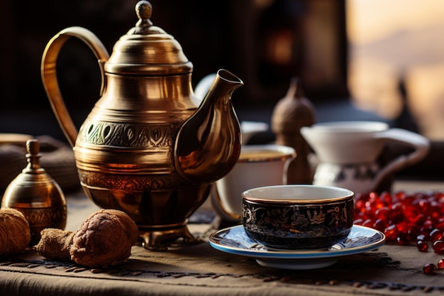 Cena do deserto árabe Uma xícara de chá e tâmaras em um suporte arenoso