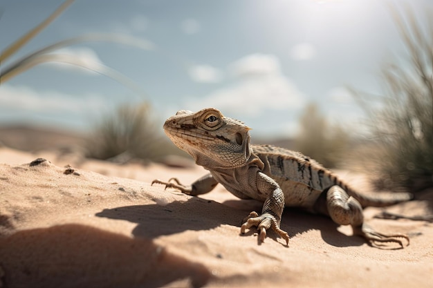 Cena do deserto com pequeno lagarto se aquecendo ao sol