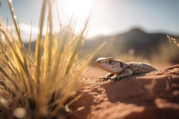 Cena do deserto com pequeno lagarto se aquecendo ao sol