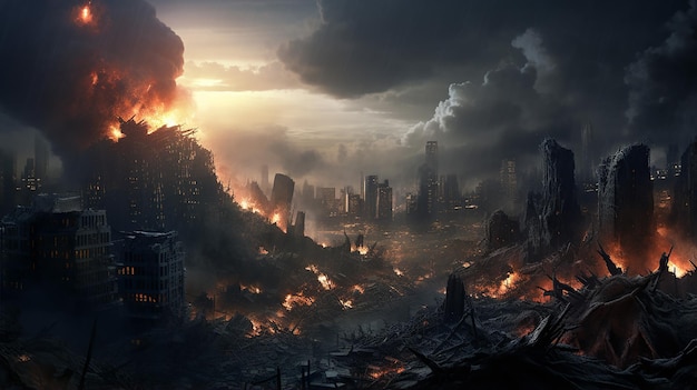 cena do juízo final do colapso mundial com pintura digital de fogo