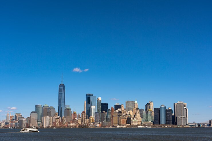 Foto cena do lado do rio da paisagem urbana de nova york, que local é mais baixo manhattan