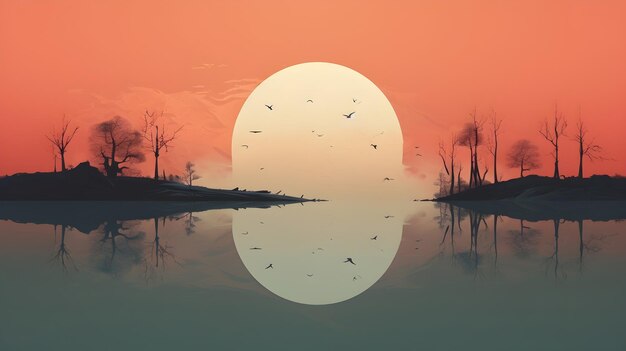 cena do nascer do sol com árvores em torno de alguma água com pássaro