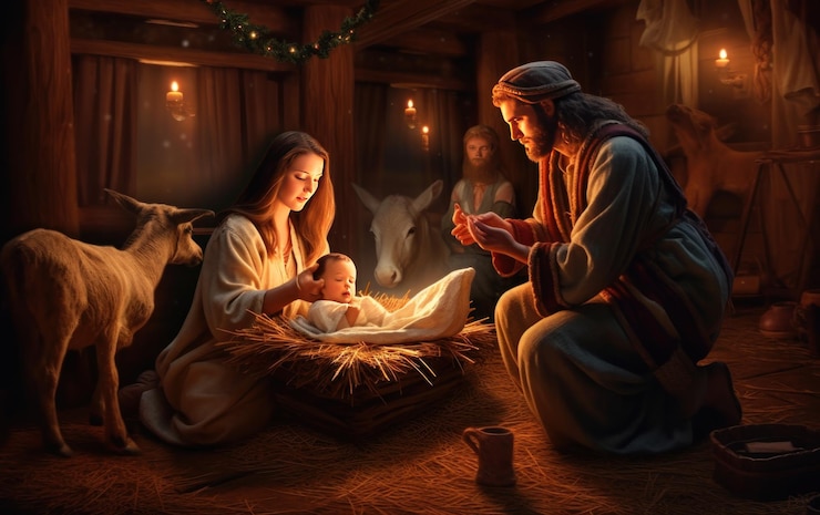 Foto cena do nascimento de jesus cristo cena da epifania virgem maria e josé milagre de natal