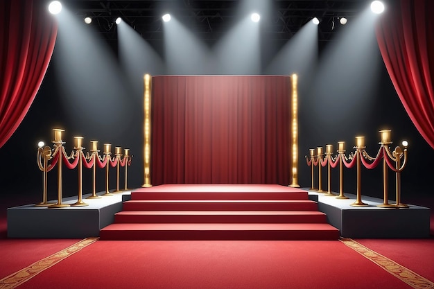 Foto cena do pódio com iluminação e tapete vermelho para a cerimônia de prêmio