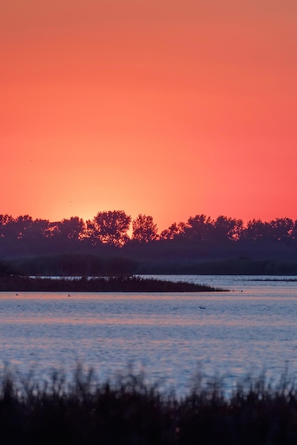 Cena do pôr do sol sobre o lago, pôr do sol na superfície da água