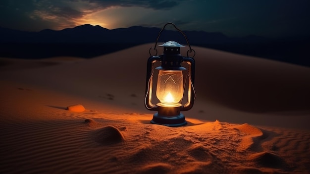Cena do Ramadã no deserto com lanterna à noite
