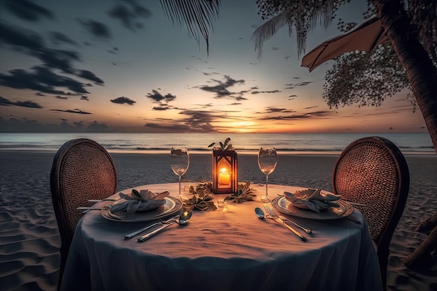 Cena para dos al atardecer en la playa mientras el cielo y el mar se iluminan con velas y hojas de palma Hermoso paisaje para una luna de miel o una cena de aniversario horizonte romántico en una isla exótica