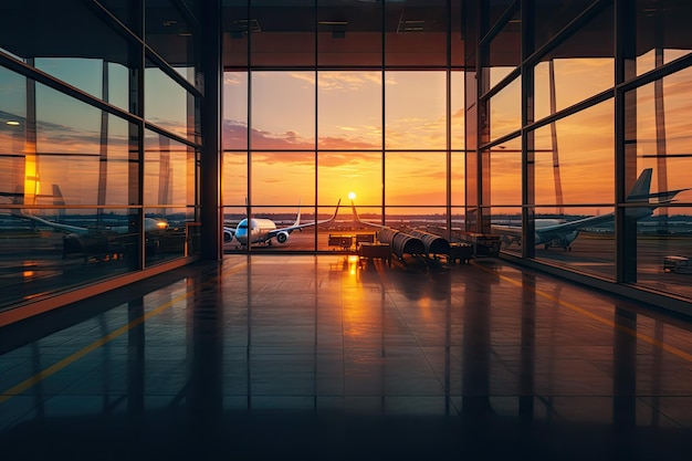 Cena dramática e serena da aviação do pôr do sol da pista do aeroporto