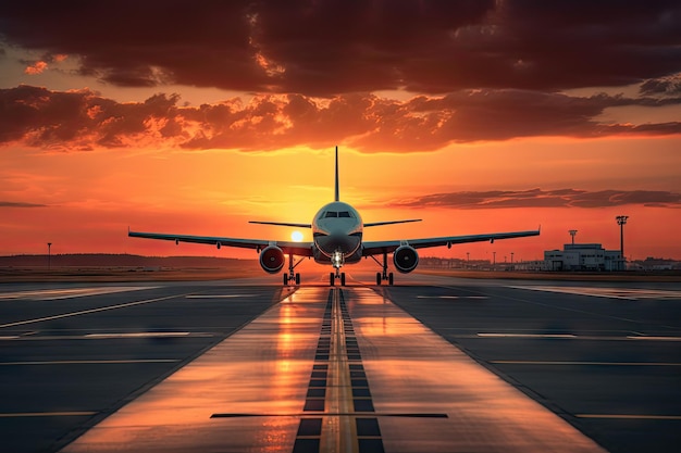 Cena dramática e serena da aviação do pôr do sol da pista do aeroporto