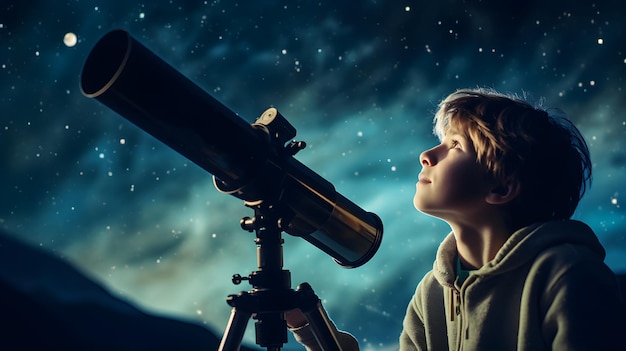 Foto cena educacional criativa com um aluno usando um telescópio para exploração astronômica