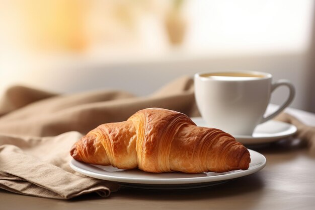 Cena elegante de café da manhã com um croissant em uma sala branca brilhante acompanhada de café e leite e