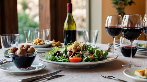 Foto una cena elegante con vino y ensalada