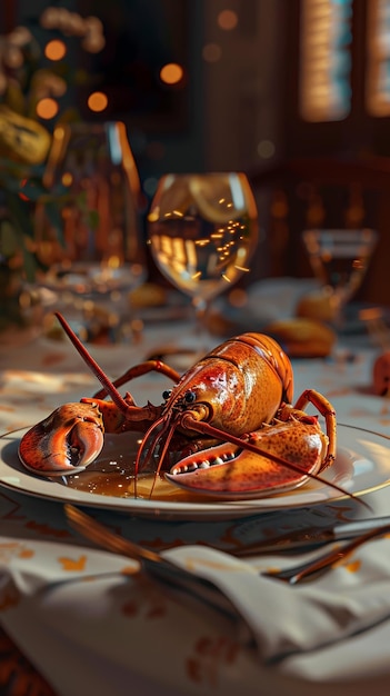 Una cena elegante con vino de langosta y ensalada bajo una iluminación suave que crea una atmósfera romántica y lujosa