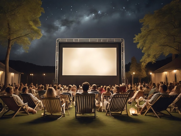 Cena em um cinema ao ar livre com um desenho de camiseta de tela branca gigante