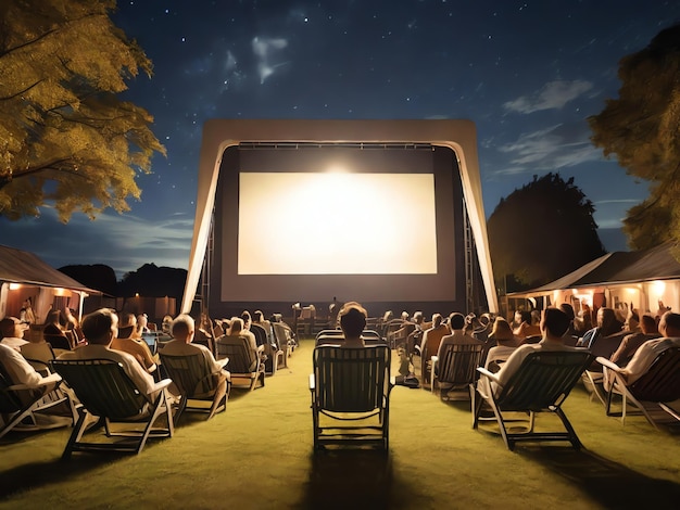 Cena em um cinema ao ar livre com um desenho de camiseta de tela branca gigante