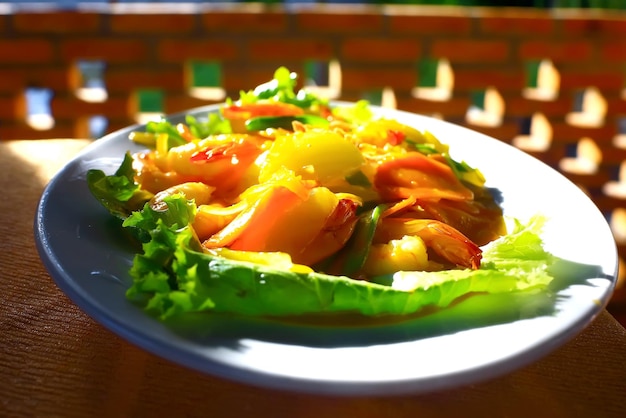 Cena de ensalada de camarones.