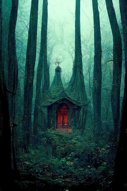 Cena escura com atmosfera mística nevoeiro escuro humor assustador com uma casa na floresta nuvens escuras e ilustração do céu para uso em jogos de filmes e livros