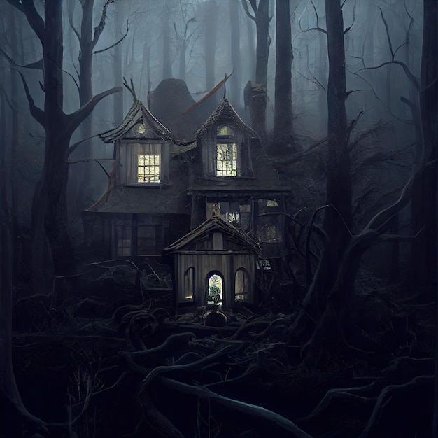 Cena escura com atmosfera mística nevoeiro escuro humor assustador com uma casa na floresta nuvens escuras e ilustração do céu para uso em jogos de filmes e livros