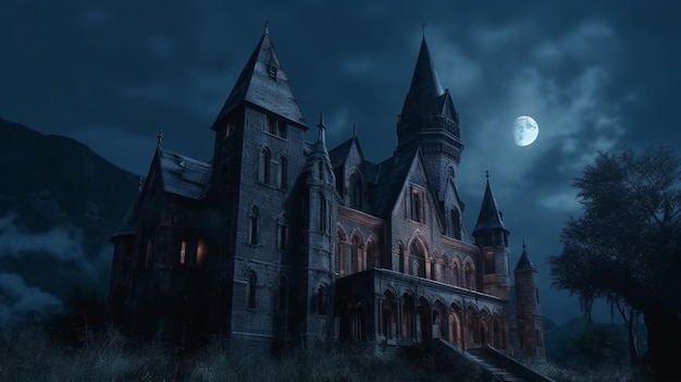 Cena escura com castelo gótico palácio sombrio em lua cheia IA generativa