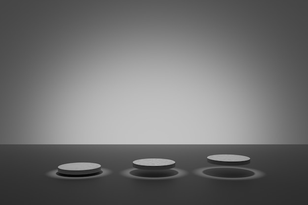 Cena escura de modelagem em 3D com pódios cilíndricos iluminantes em um fundo cinza