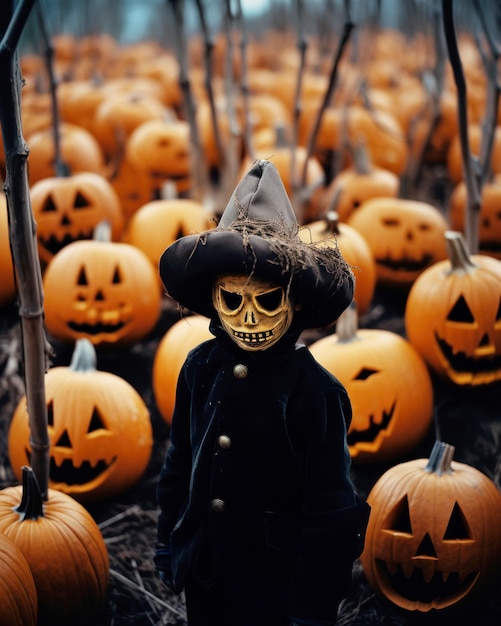 Cena escura de um menino no Halloween com uma fantasia assustadora em um campo de abóboras