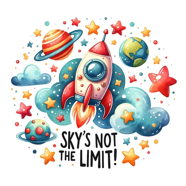 Cena espacial extravagante com estrelas de planetas coloridos de foguetes e frase Sky'S not the limit