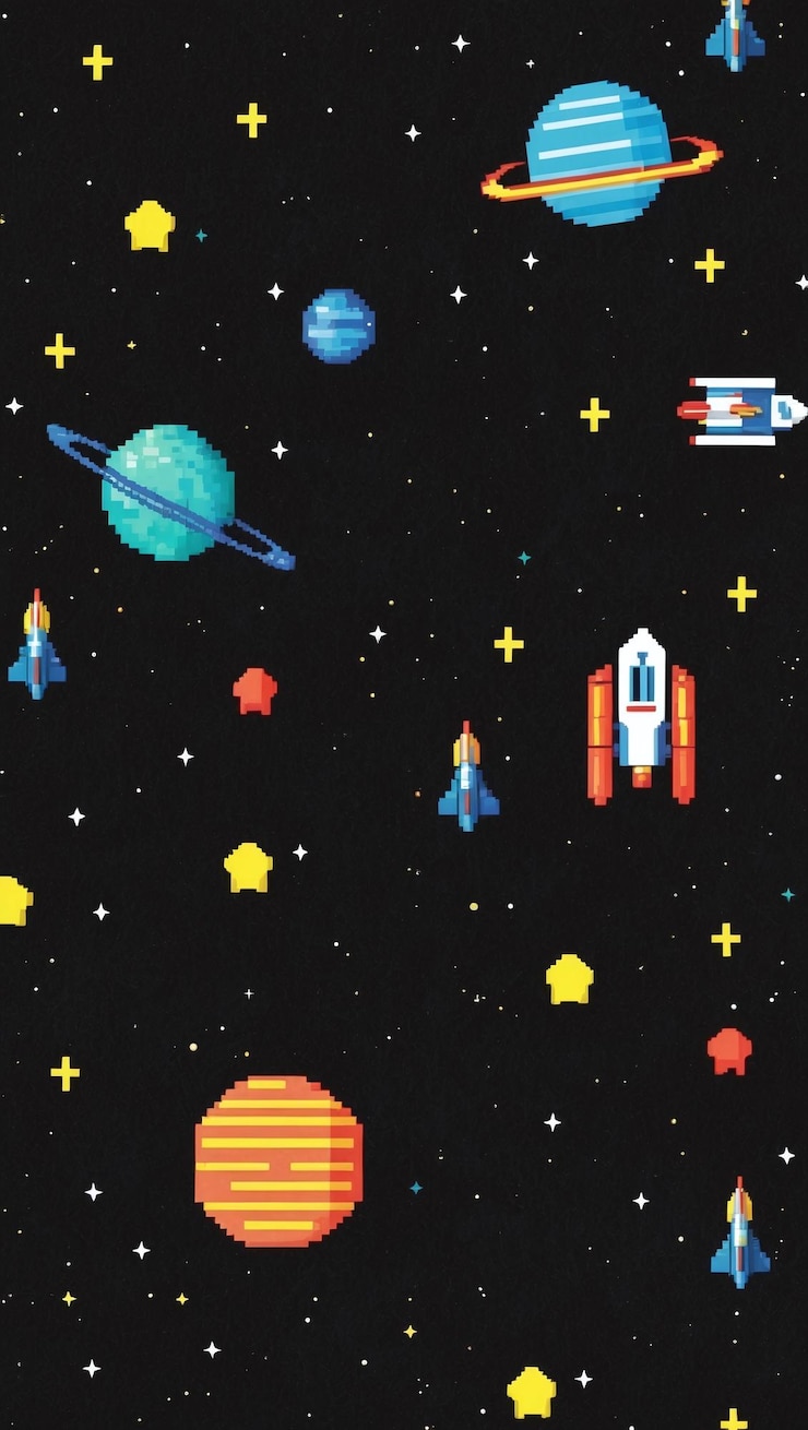 Foto cena espacial pixelada com planetas estrelas e naves espaciais estilo jogo de arcade vintage