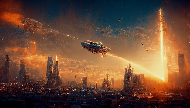 Cena espetacular da cidade futurista com ilustração 3D de arte digital de nave espacial