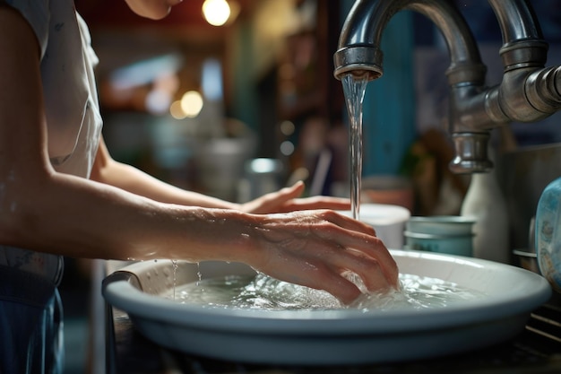 Cena extrema de close-up de uma mulher com as mãos lavando pratos