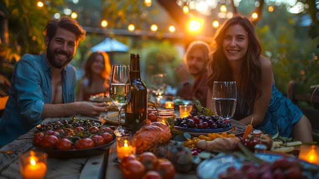 Foto cena con la familia y los amigos noche de verano relajación juntos