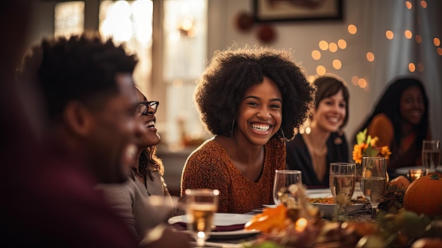 Cena familiar afroamericana durante el día de acción de gracias Gente feliz comiendo juntos riendo