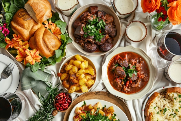 Cena familiar gourmet con patatas asadas y pan fresco en la mesa festiva